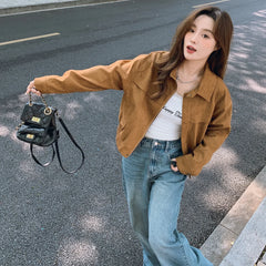 cold weather outfits JazzHer Coffeechamois Leather Chic Jacket 2024 Autumn New Simple Style Blogger Ins Sense Fresh Top Loose Fit Short Outerwear