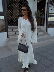 JazzHer New Women's Elegant Solid Ruffle Hem Knitted Maxi Dress Chic O-neck Backless Lace-up Flare Sleeve Robe 2025 Lady Holiday Vestido