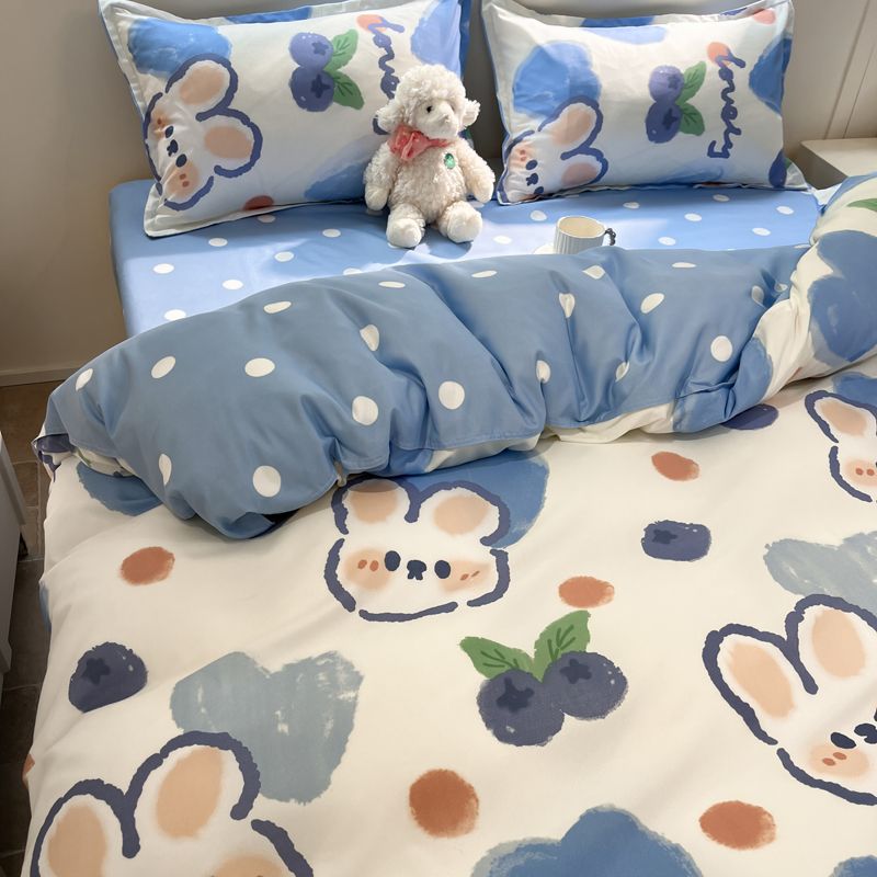 JazzHer Cute Bedding Set Kawaii Cartoon Boys Girls Ins Duvet Cover with Zipper No Filler Flat Sheet Pillowcase Queen Size Bed Linens