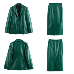 cold weather outfits JazzHer 2024 Autumn New Arrival Women's Leather Green Straight Cut Suit Jacket With Split Side Skirt Medium Length Dress Set