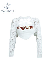 christmas outfit JazzHer 2025 Autumn New Y2k Streetwear Harajuku Women Shoulder Asymmetric Hollow Out White Korean Style Crop Top Sexy Slim Club Tops