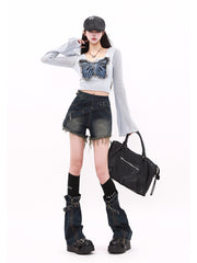 christmas outfit JazzHer Women Blue Y2k Denim Shorts Vintage Harajuku Hight Waist Jean Shorts with Leg Cover 90s Aesthetic Mini Short Pants 2000s Clothes