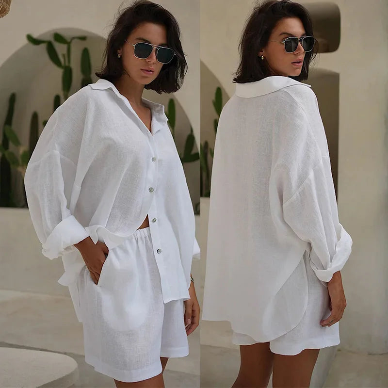 thanksgiving outfit JazzHer Casual Shirt Shorts Set For Women Cotton Loose Long Sleeve Lapel Single Breasted Top Shorts Sets 2024 Summer Holiday Lady Outfit