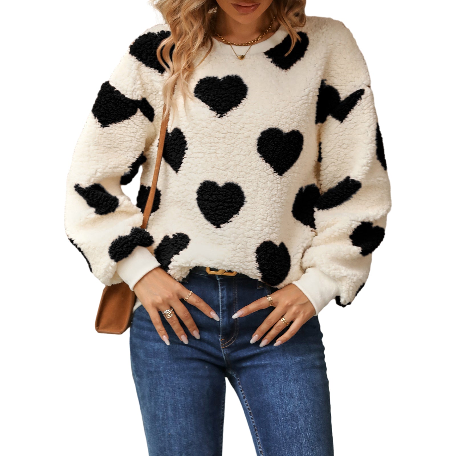 thanksgiving outfit JazzHer Women Heart Print Sweatshirt Romantic Oversized Sweater Valentine s Day Furry Heart Graphic Long Sleeve Pullover Tops