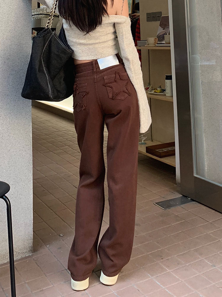 christmas outfit JazzHer Women's Wide Leg Jeans Star Pocket Vintage Straight Pants High Waist Baggy Streetwear Casual Brown Denim Trouser Ladies 2025
