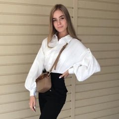 JazzHer Ladies Vintage Elegant Lantern Sleeve Blouse Shirt Women Basic Top Casual Button Turn Down Collar Office Lady Women Shirt Female