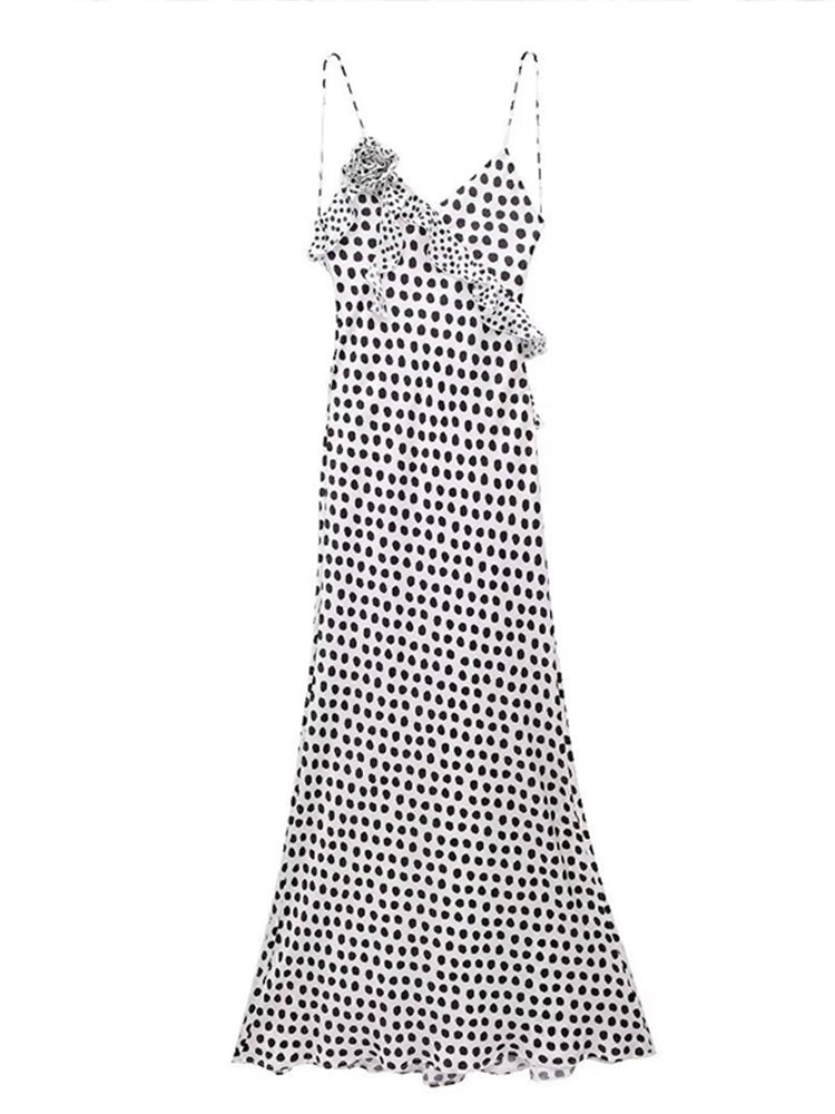 JazzHer Elegant Polka Dot Print Sling Dress Women Sexy V Neck Sleeveless Backless Female Dresses 2024 Summer Lady Flower Party Robes New