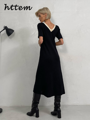 JazzHer Elegant Knit Contrast Long Dress for Women V-neck Short Sleeve Split Female Dresses 2024 Summer Autumn Casual Office Lady Robes