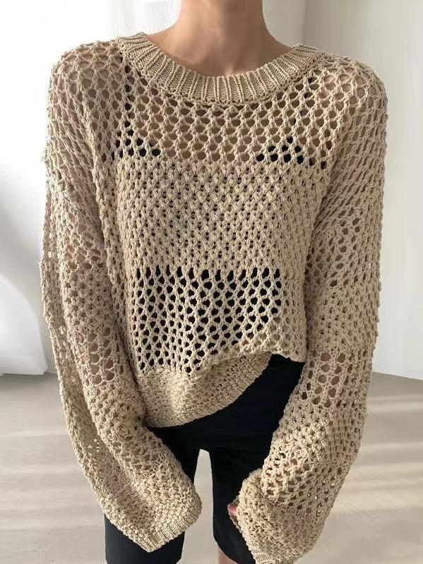 JazzHer 2024 Fall Fashion Hollow Long Sleeve Sunscreen Knit Sweater