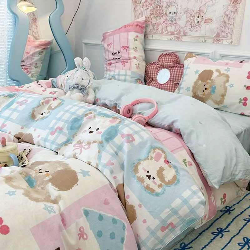 JazzHer Cute Kids Bedding Set Rabbit Dinosaur No Filler Single Queen Size Duvet Cover Flat Sheet Pillowcase Girls Boys Comforter Duvet