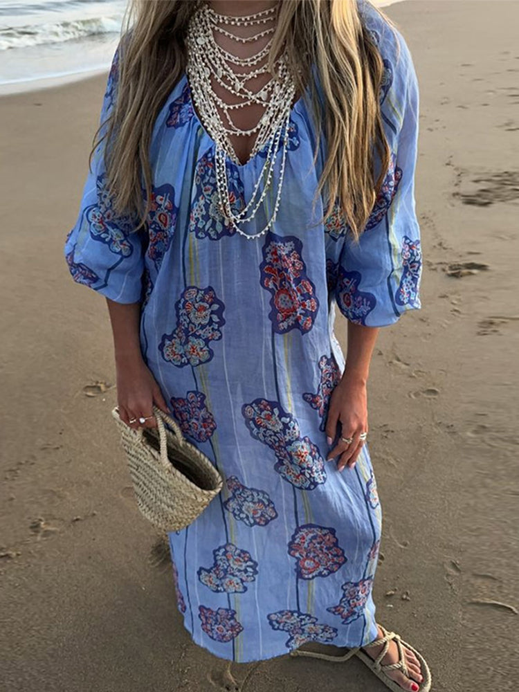 JazzHer Loose Striped Print linen Maxi Dress Women Fashion V-neck Lantern Sleeve Female Holiday Dresses 2024 Summer Lady Beach Robes New