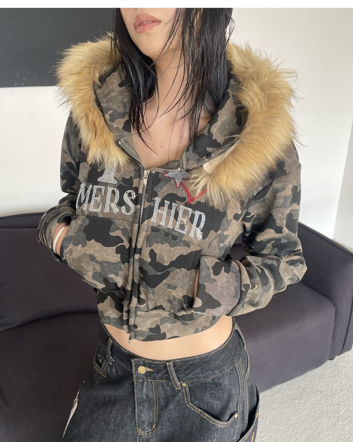 JazzHer Harajuku Zip Up Hoodie camouflage Long Sleeves Tops American Vintage Hoody Harajuku Kpop Punk Coats Top Women Y2k Grunge Hoodies