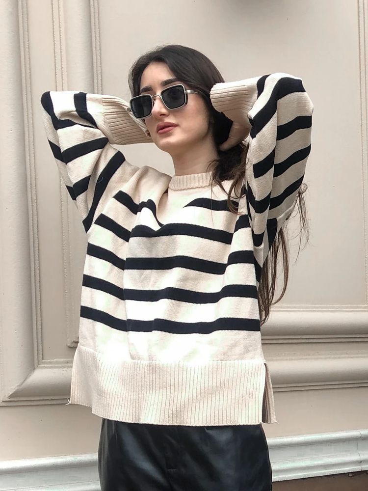 JazzHer Ladies Vintage Autumn Winter Sweater Women Pullovers Oversized Loose Striped Casual Knit Jumper Women Sweaters Tops Female