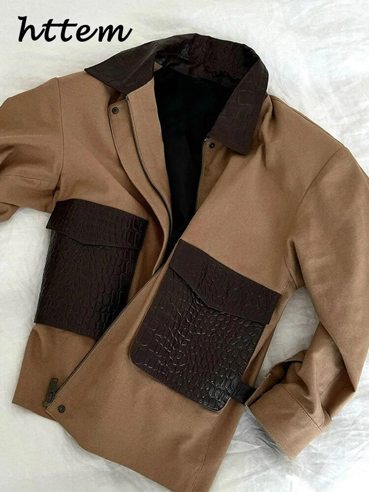 JazzHer Casual Vintage Panelled Cargo Jacket Women Loose Lapel Zipper Long Sleeve Leather Pocket Coats 2024 Autumn Lady Street Outwear