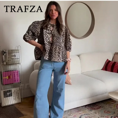 cold weather outfits JazzHer 2024 Spring Summer Casual Leopard Shirts Women Fashion Vintage Lace Up Loose Blouses O Neck Chic Elegant Female Tops