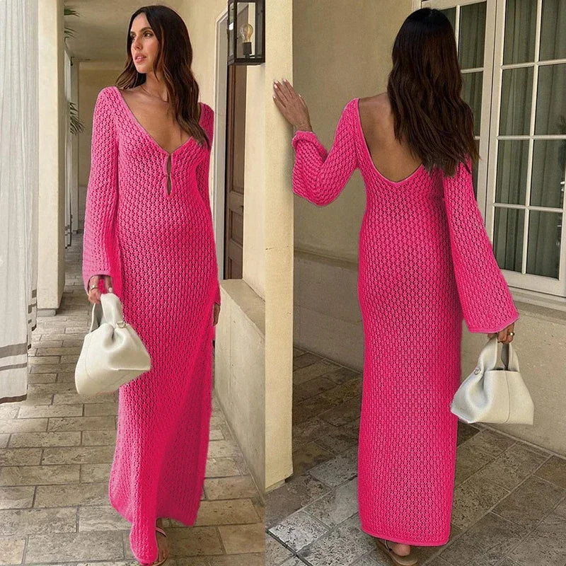 JazzHer Elegant Knit Hollow Out Long Dress For Women Slim  V Neck Backless Flare Sleeve Female Dresses 2024 Summer Lady Sexy Beachwear