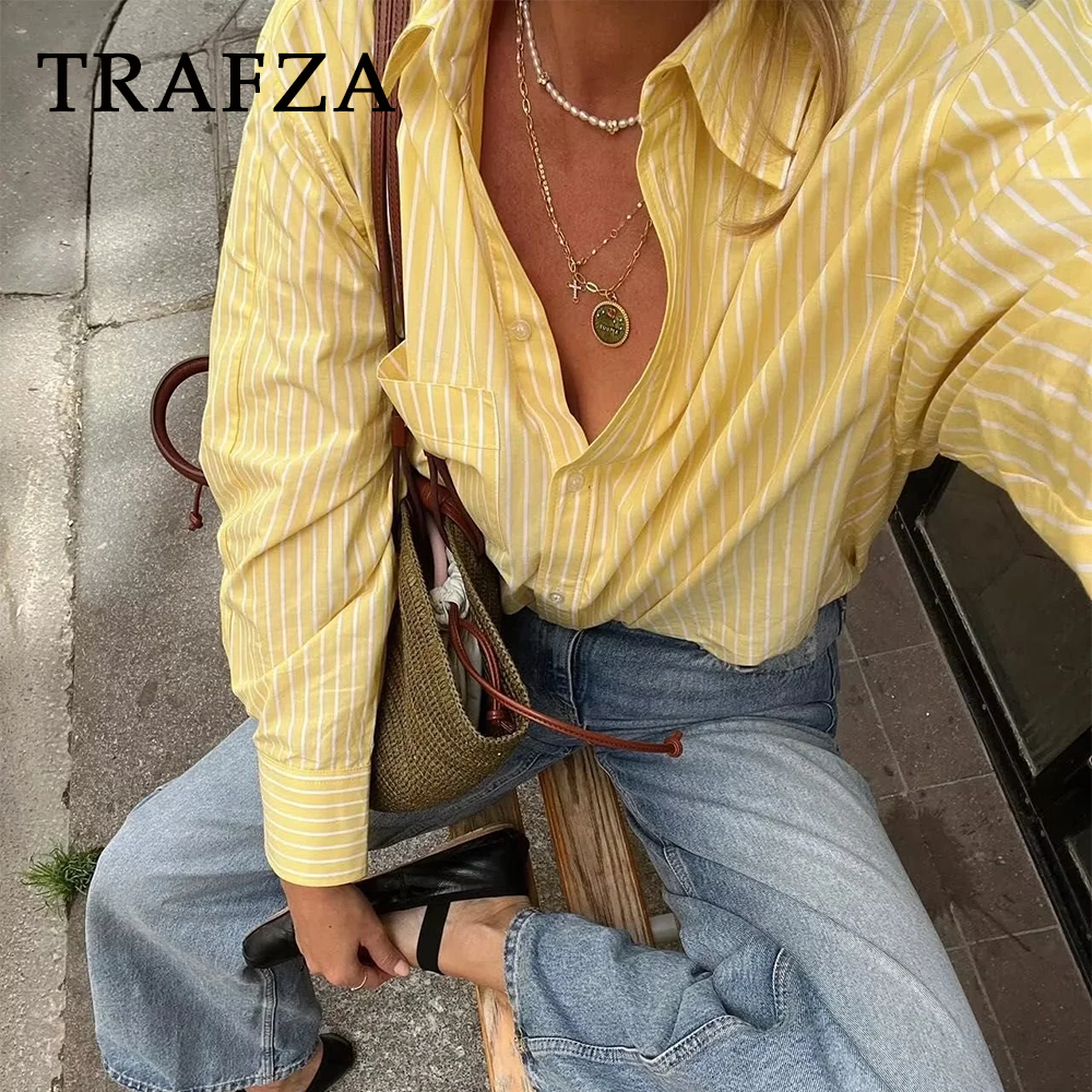 cold weather outfits JazzHer 2024 Spring Summer Casual Women Shirts Fashion Vintage Striped Thin Turn-down Collar Single Breasted Yellow Casual Shirts