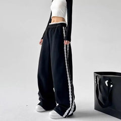 JazzHer Lace Patchwork Sweatpants Women Y2K Streetwear High Waist Wide Leg Pants Korean Fashion Casual Elastic Waist Straight Trousers