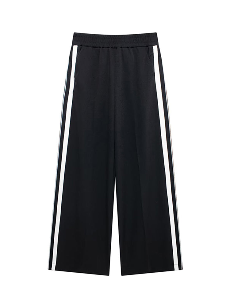 JazzHer Contast Color Coat Trosusers Suits Women Striped Lapel Long Sleeves Zipper Lady Sports Jacket Wide Leg Pant Female Two Piece Set
