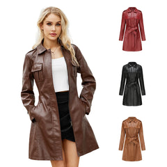 cold weather outfits JazzHer New Fashionable Medium-length Genuine Leather Coat Belt Long Sleeve For Spring Autumn Women's Leather Jacket 6652