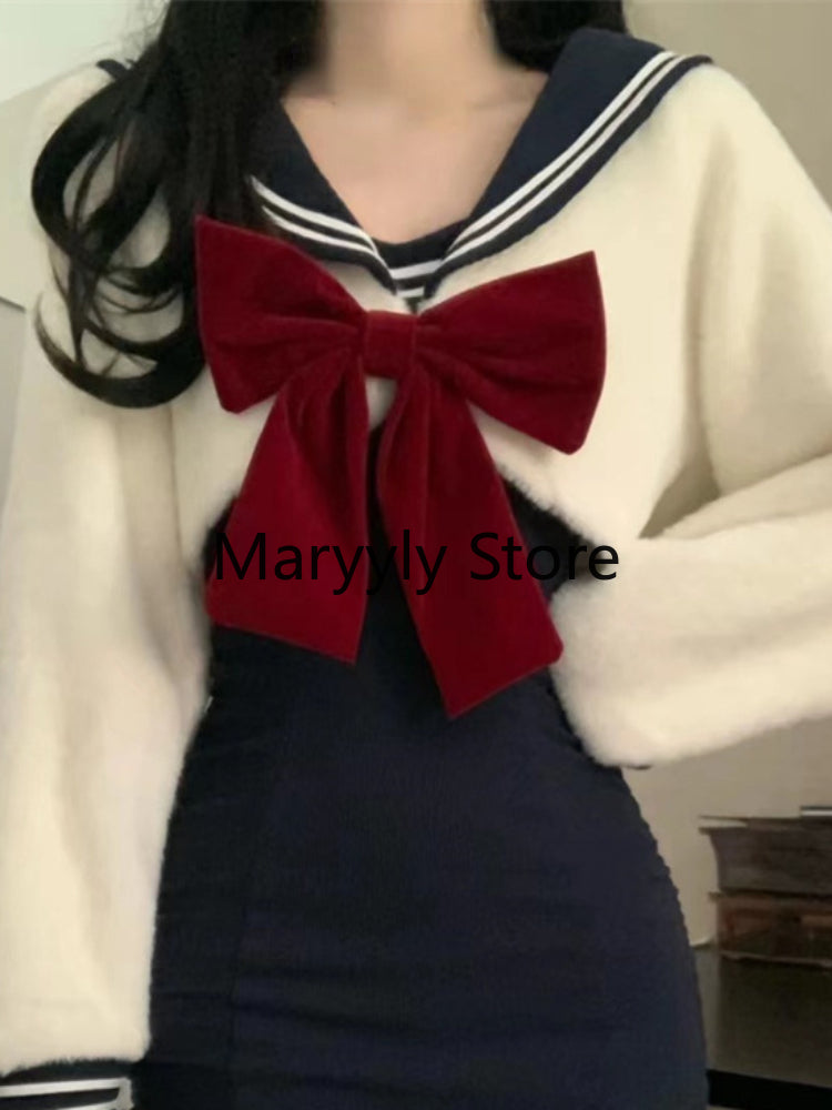 JazzHer 2025 Autumn Elegant Knitted Suits Women Kawaii Clothing 2 Piece Dress Set Casual Sweater Blouse + Strap Mini Dress Y2k Clothing