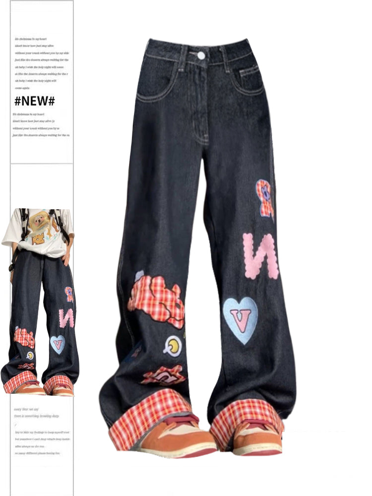 christmas outfit JazzHer Women's Blue Patchwork Baggy Y2k Jeans Harajuku Denim Trousers Streetwear Aesthetic Y2k Jean Pants Vintage 2000s Trashy Clothes