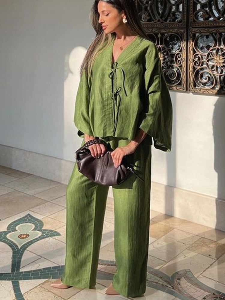 JazzHer Casual Loose 2 Pieces Sets Women 2024 Summer V-neck Lace Up Long Sleeve Blouses Wide Leg Trousers Vintage Green Lady Pants Suit