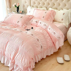 JazzHer French Embroidered Lace Bubble Gauze Bedding Set Pink Elegant Princess Style Queen Duvet Cover Set Ruffled Comforter Cover Sets