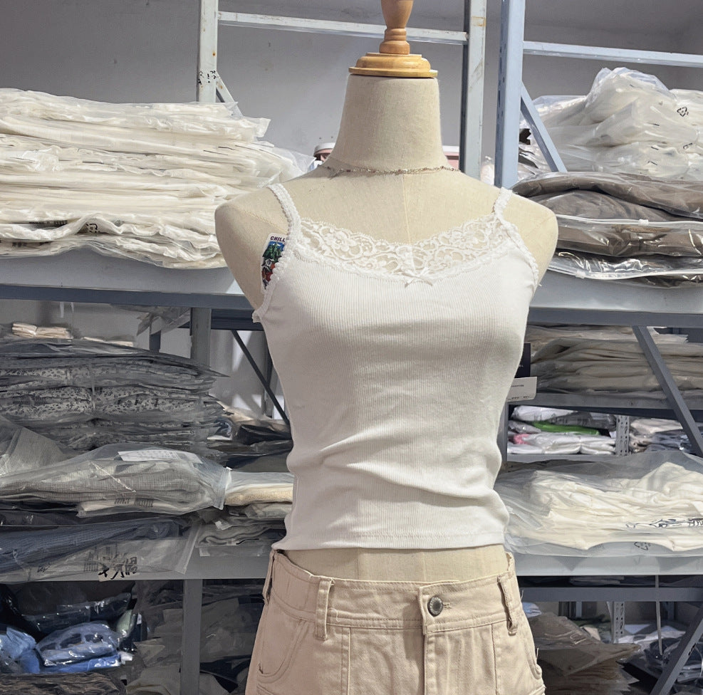 JazzHer Women Lace Trim Ribbed Tank Tops Summer Soft Cotton Sleeveless Slim Bow Crop Top Female Casual Vintage Y2k Camis 2025 New