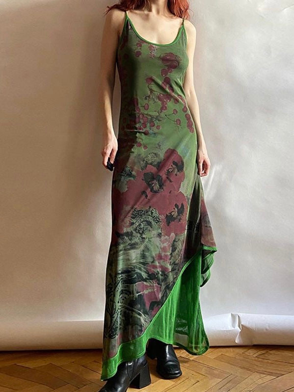 JazzHer-Vintage Green Irregular Slip Long Dress