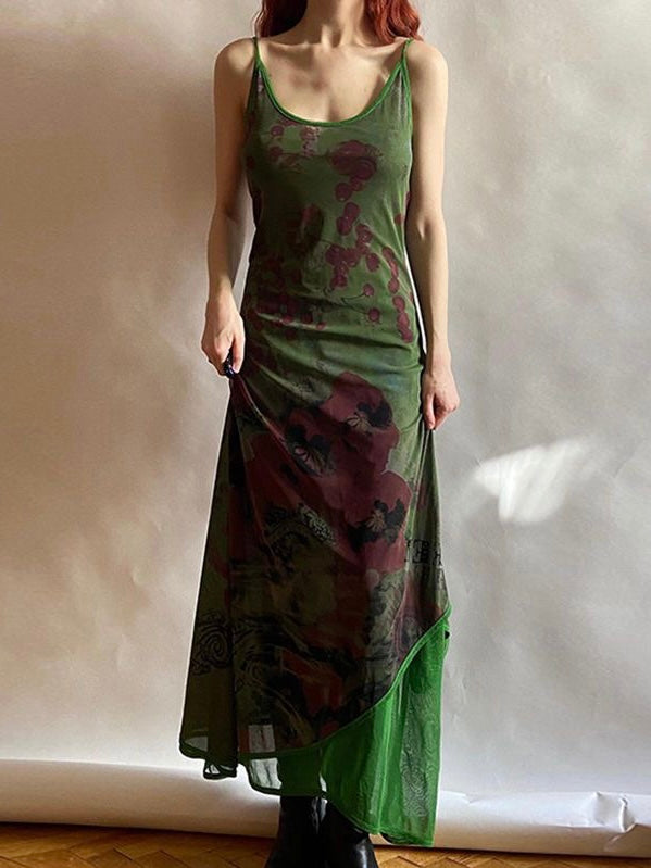 JazzHer-Vintage Green Irregular Slip Long Dress