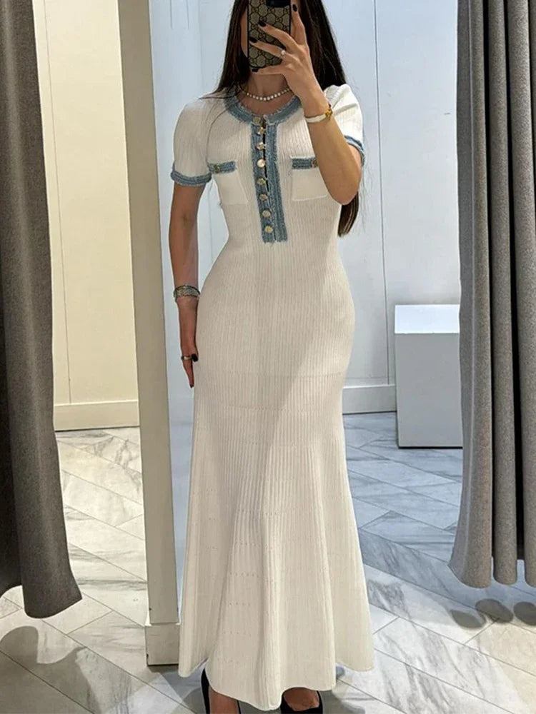 JazzHer Elegant V Neck Denim Patchwork Knitted Long Dress Women Fashion Short Sleeved Buttons Bodycon Dresses Office Lady Pockets Robes