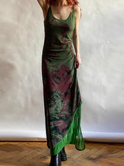 JazzHer-Vintage Green Irregular Slip Long Dress