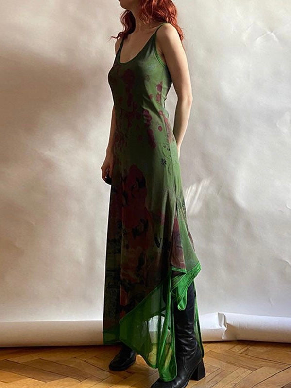 JazzHer-Vintage Green Irregular Slip Long Dress