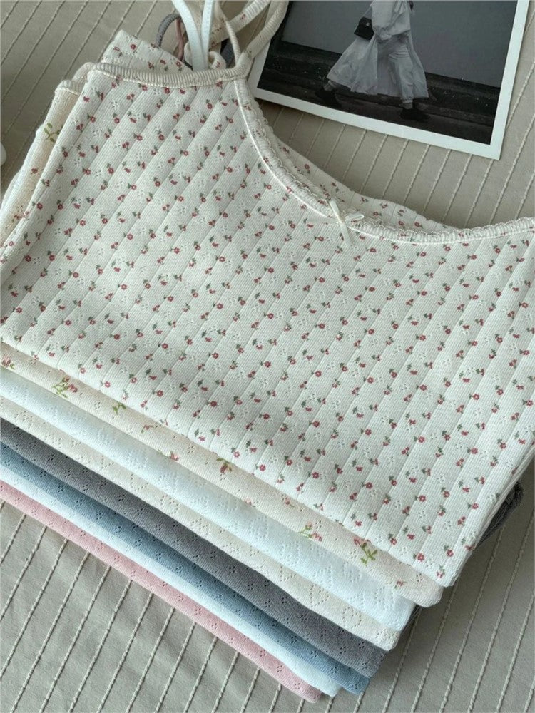 JazzHer Vintage Floral Print Eyelet Bow Cropped Vests Women Streetwear Casual Slim Lace Trim Camis Sweet Preppy Style Cute Tank Tops Y2K
