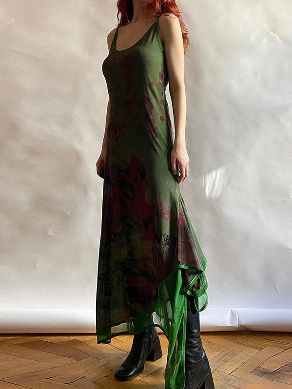 JazzHer-Vintage Green Irregular Slip Long Dress