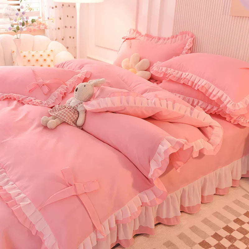 JazzHer Green Bedding Sets Kawaii Seersucker Bed Sheet Pillowcase Fashion Girl Princess Duvet Cover 4 Pieces Cute Home Decoration