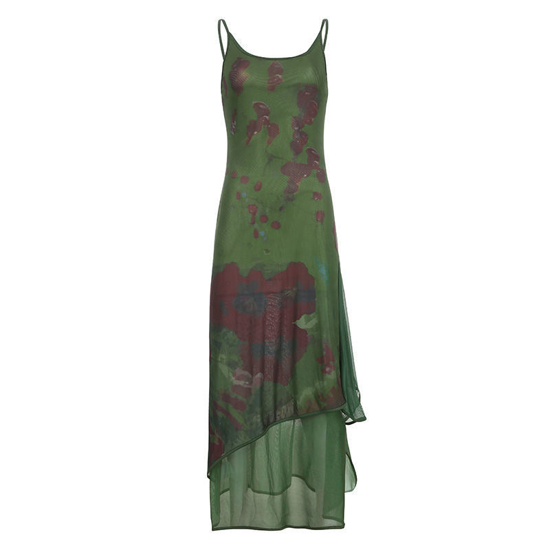 JazzHer-Vintage Green Irregular Slip Long Dress