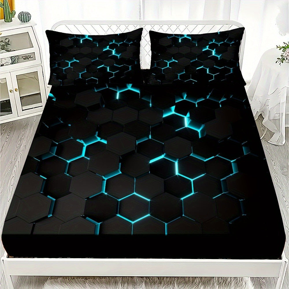 JazzHer Blue 3D Hexagonal Honeycomb Geometry Print Fitted Sheet Set Column Mosaic Art Neon Mattress Covers Bedding Set With Deep Pocket