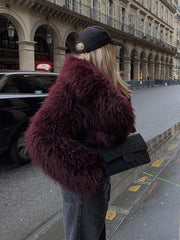 JazzHer Women's Fashion Burgundy Fluffy Furry Warm Cropped Coat Elegant Faux Fur Lapel Thicken Warm Jacket 2024 New Lady Chic Streetwear