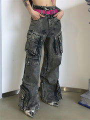 christmas outfit JazzHer Women Grey Y2k Cargo Jeans Harajuku Baggy Denim Trouser 90s Vintage Japanese 2000s Style Oversize Jean Pants Trashy Clothes 2025