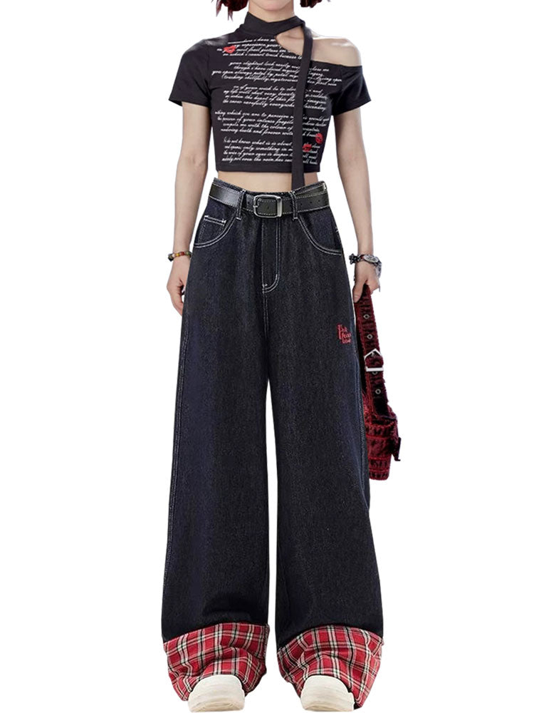 christmas outfit JazzHer Women's Plaid Patchwork Y2k Jeans Harajuku Streetwear Denim Trousers Baggy Jean Pants Vintage 90s Aesthetic 2000s Trashy Clothes