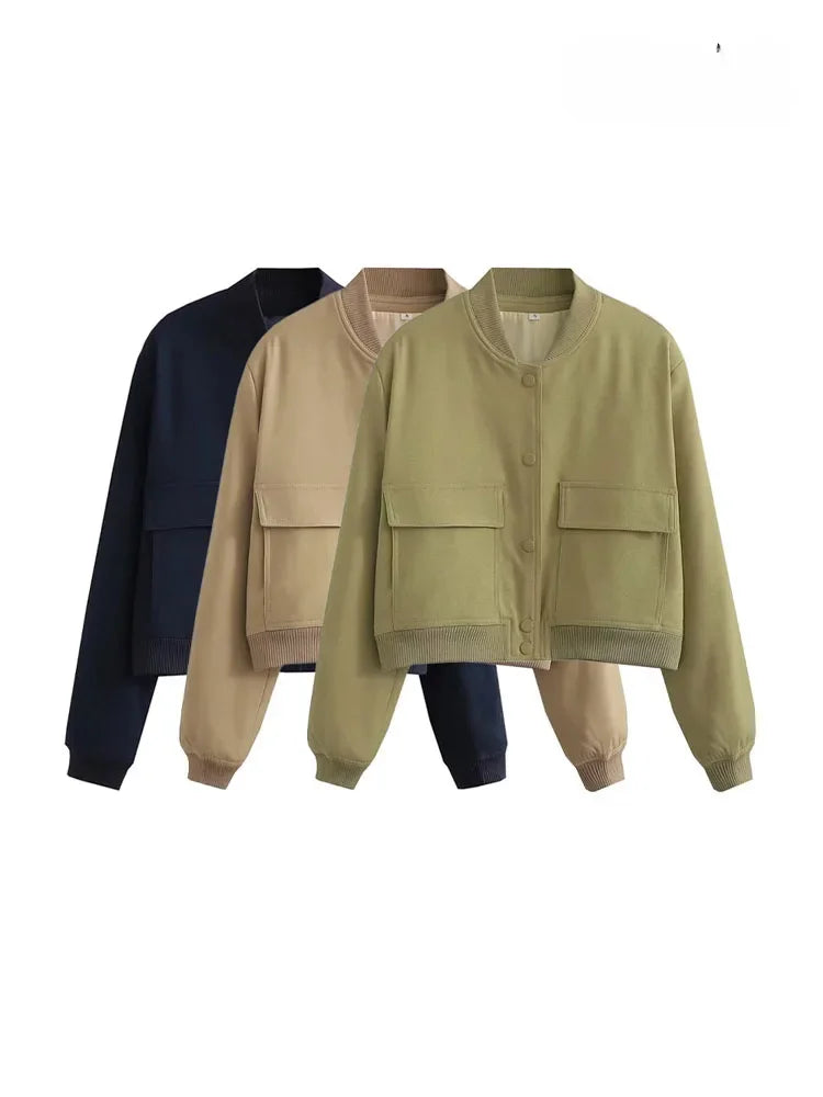 JazzHer Women Fashion With Pockets Bomber Jacket Coats Vintage Long Sleeve Front Button Casual Female Outerwear Chic Tops