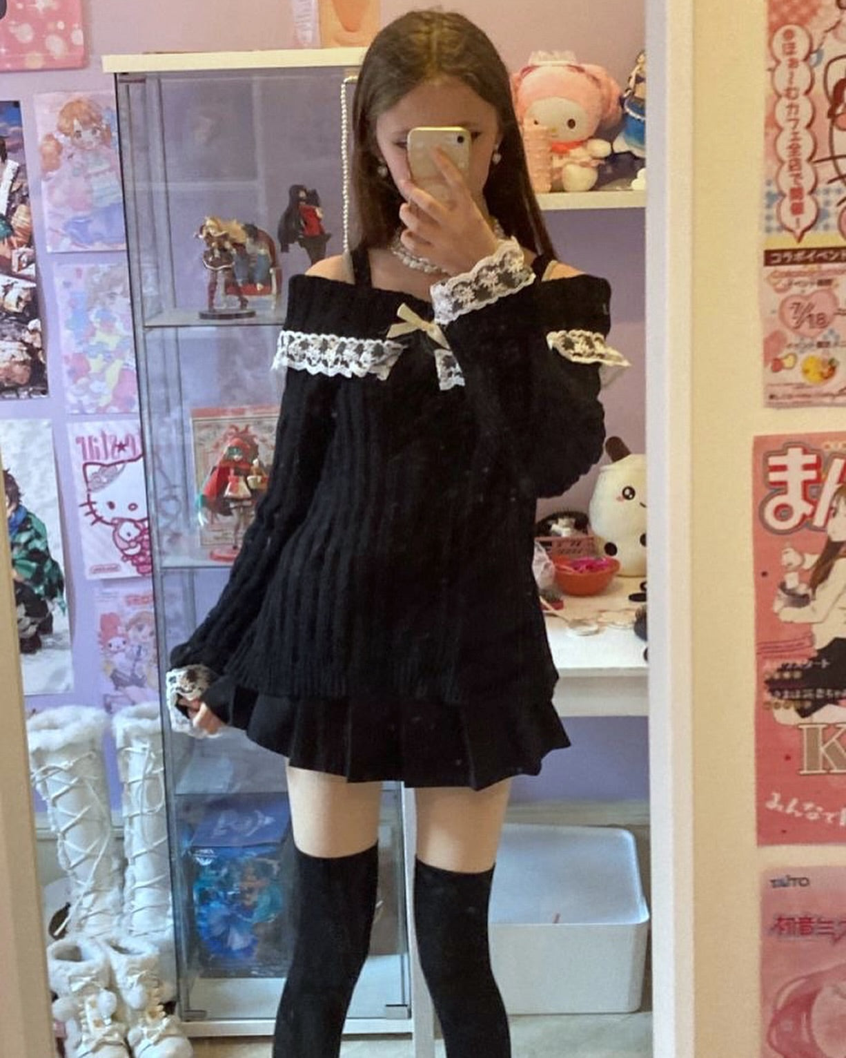 JazzHer Y2K Winter's Black Knitwear Cute girly knitwear Korean 2000s aesthetic long sleeve knitwear with one shoulder off the shoulder