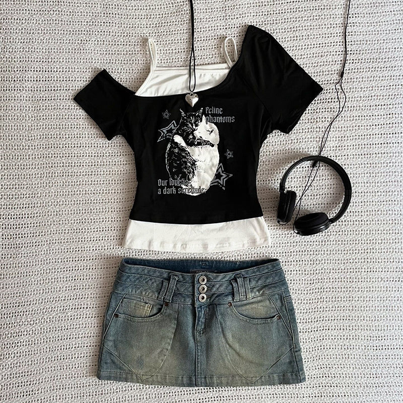 JazzHer Retro pattern Flower Print Sexy Slim Top Fake Two Design Sense Top Women Y2k Millenial Retro Halter T-Shirt Fake Two