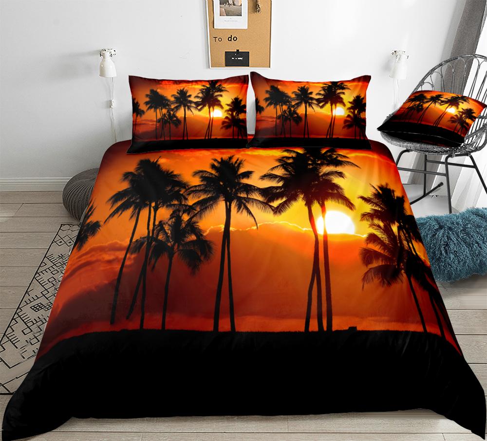 JazzHer Coconut Palm Tree Bedding Set Tropical Plant Home Textile Black White Duvet Cover Set Palm Leaves Bedclothe Tropic Bed Linen