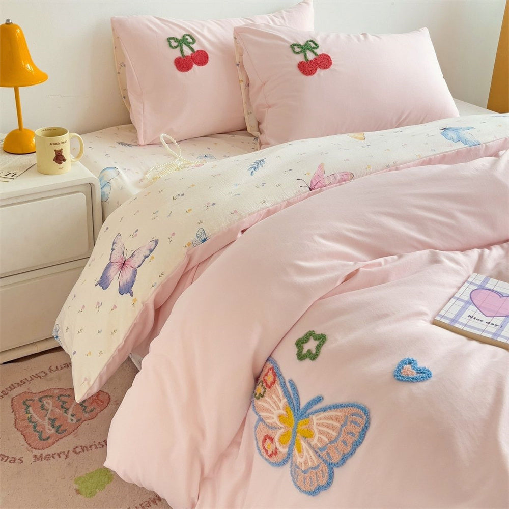 JazzHer Ins Style Embroidered Colorful Butterfly Bedding Sheet Nordic Duvet Cover Set Home Luxury No Filling Bedding Set Soft Bedspread