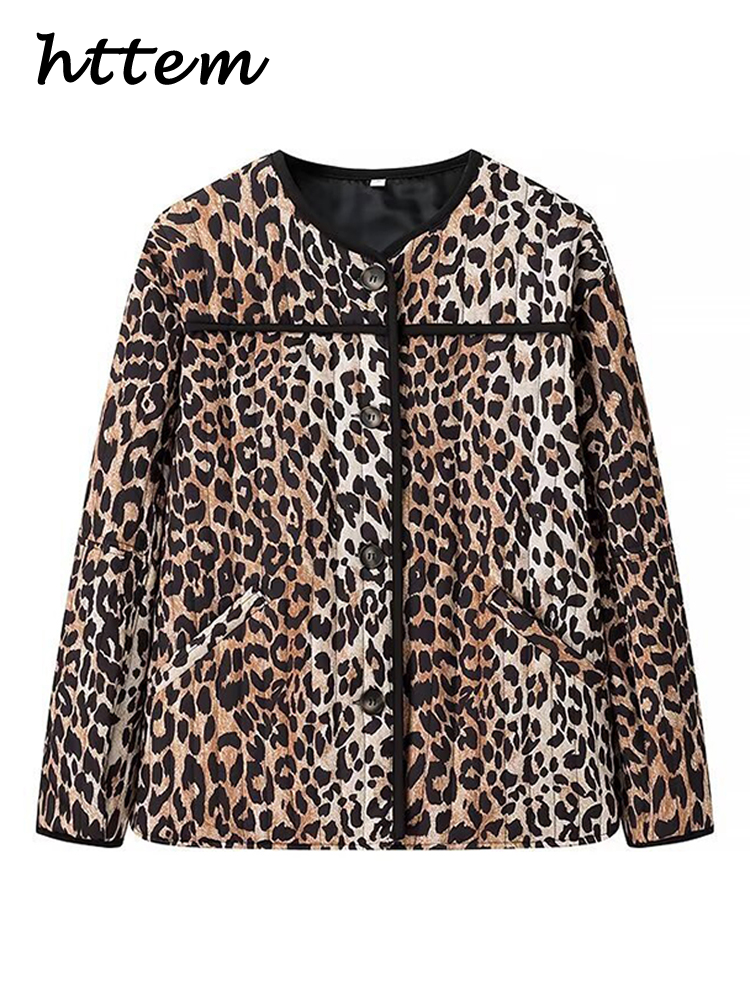 JazzHer Panelled Leopard Print Cotton Coat Women Vintage O-neck Single Breasted Pockets Long Sleeves Quilted Jacket 2024 Lady Chic Parka