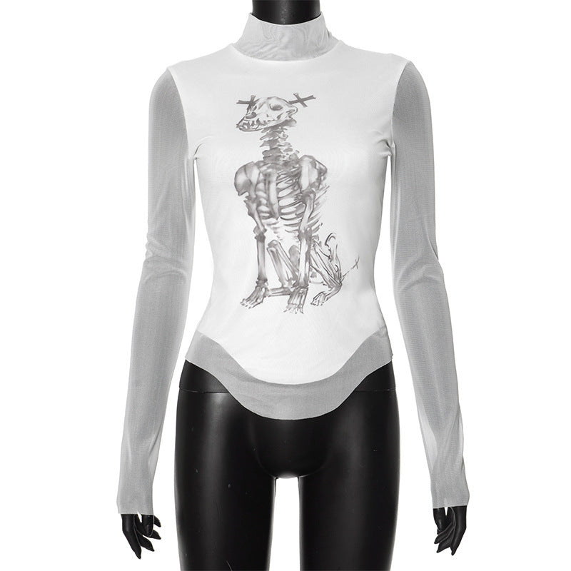 JazzHer Y2K American fashion new skull print mesh stitching long sleeve top slim white Hot Girl long sleeve T-shirt sexy Slim Streetwear