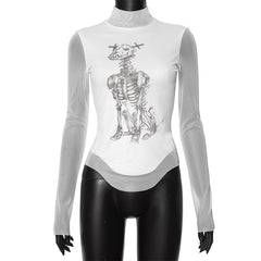 JazzHer Y2K American fashion new skull print mesh stitching long sleeve top slim white Hot Girl long sleeve T-shirt sexy Slim Streetwear